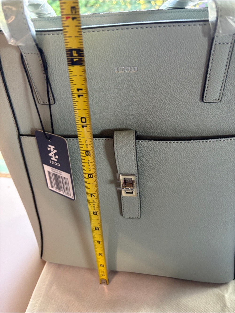 Izod Light Sage Structured Tote with Front Pocket with dust bag - Picture 8 of 8